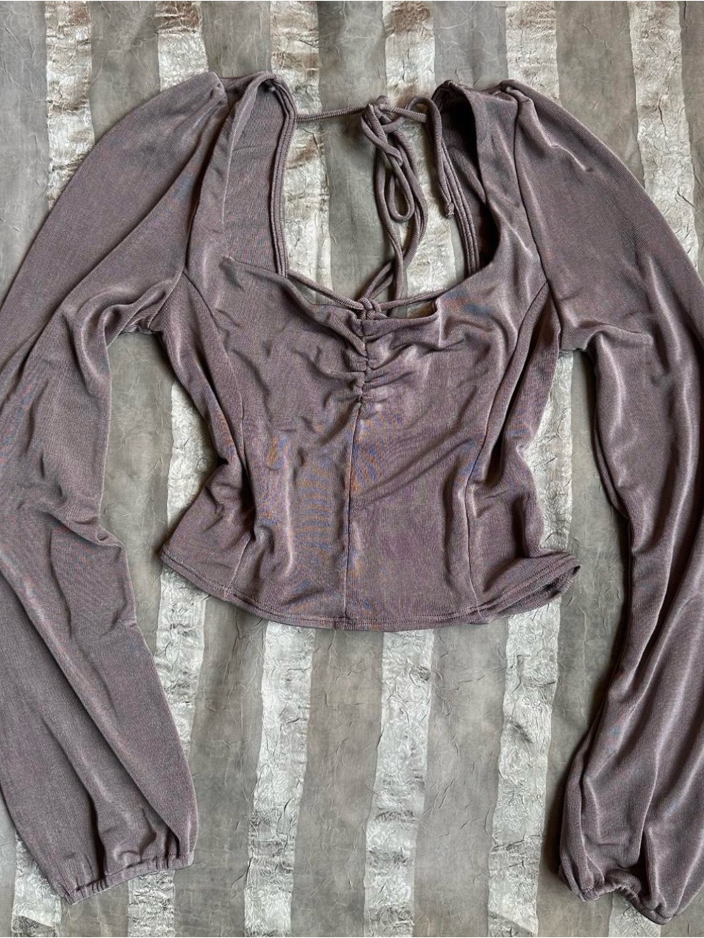 Silver Metallic Ruched Tie-Back Long Sleeve Going Out Top